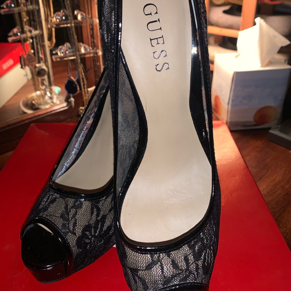 GUESS Black Lace Peep Toe Heels
